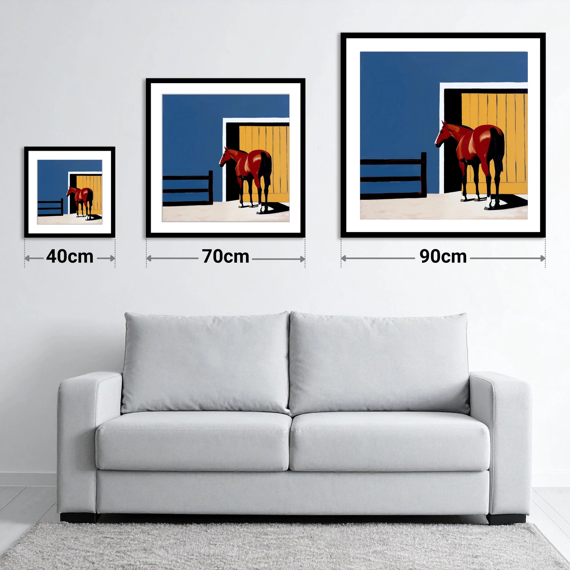 Chestnut at the Door - size guide showing 40cm, 70cm and 90cm art prints