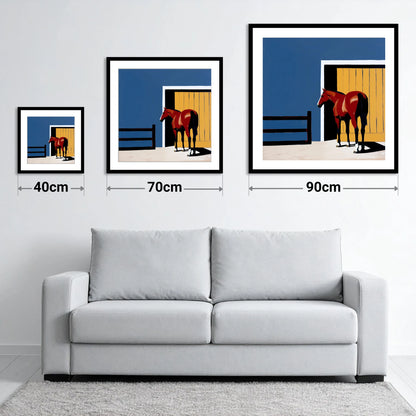 Chestnut at the Door - size guide showing 40cm, 70cm and 90cm art prints