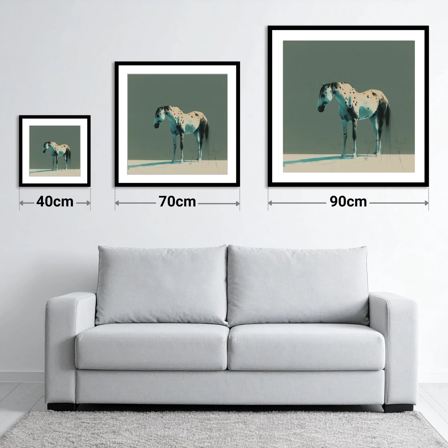Modern Appaloosa Study - size guide showing 40cm, 70cm and 90cm art prints