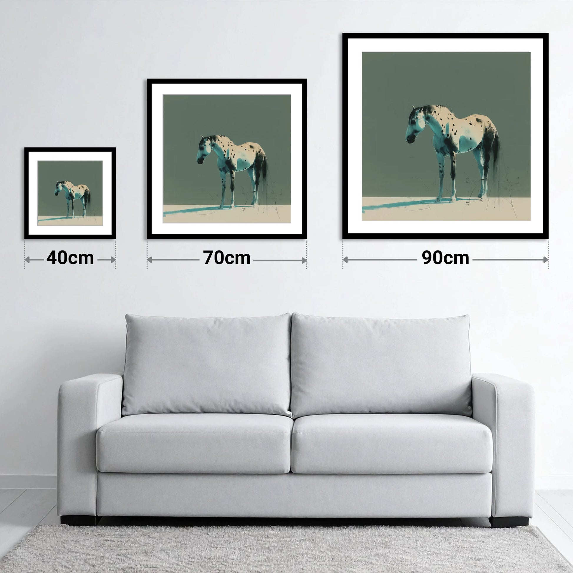 Modern Appaloosa Study - size guide showing 40cm, 70cm and 90cm art prints