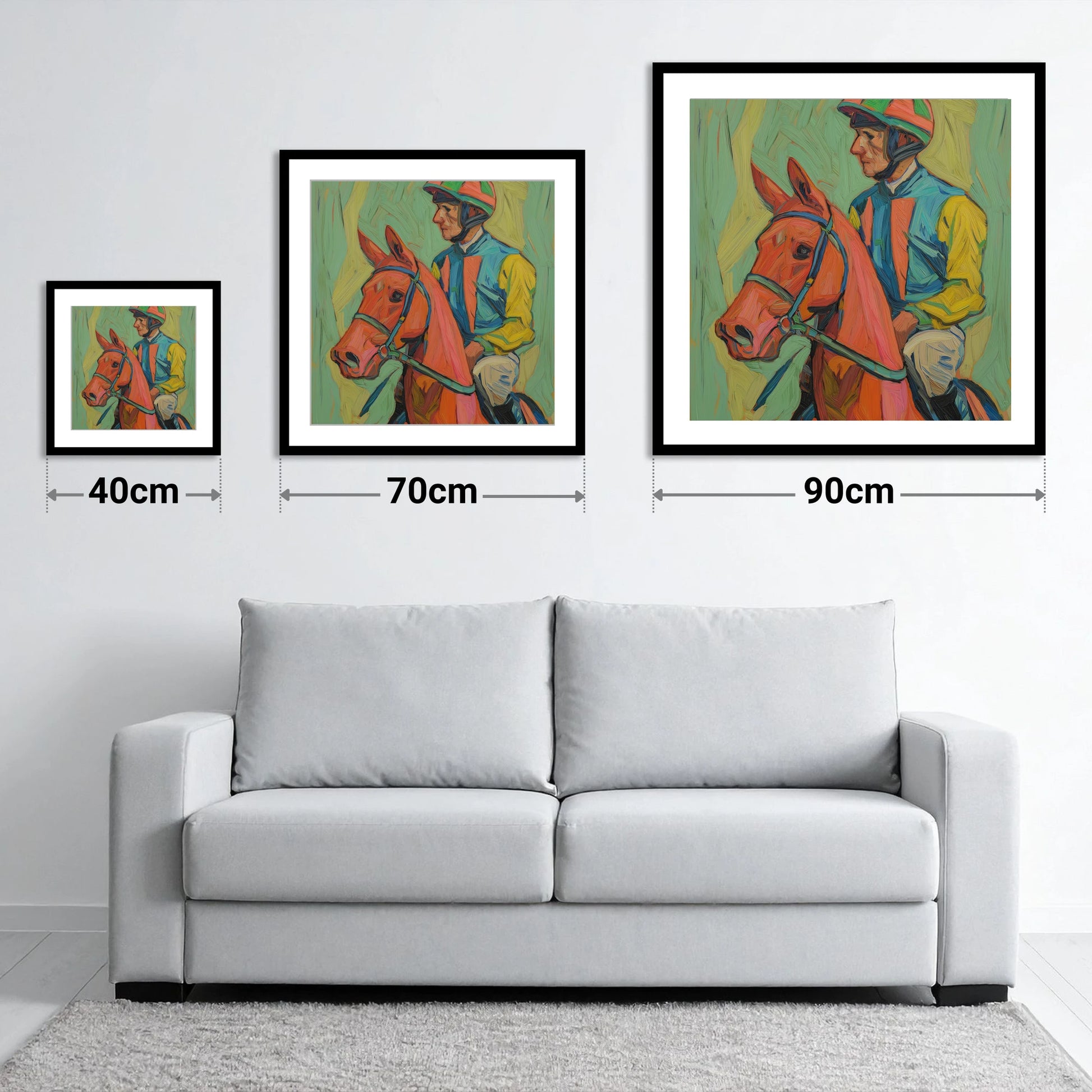 Colours of the Turf - size guide showing 40cm, 70cm and 90cm art prints
