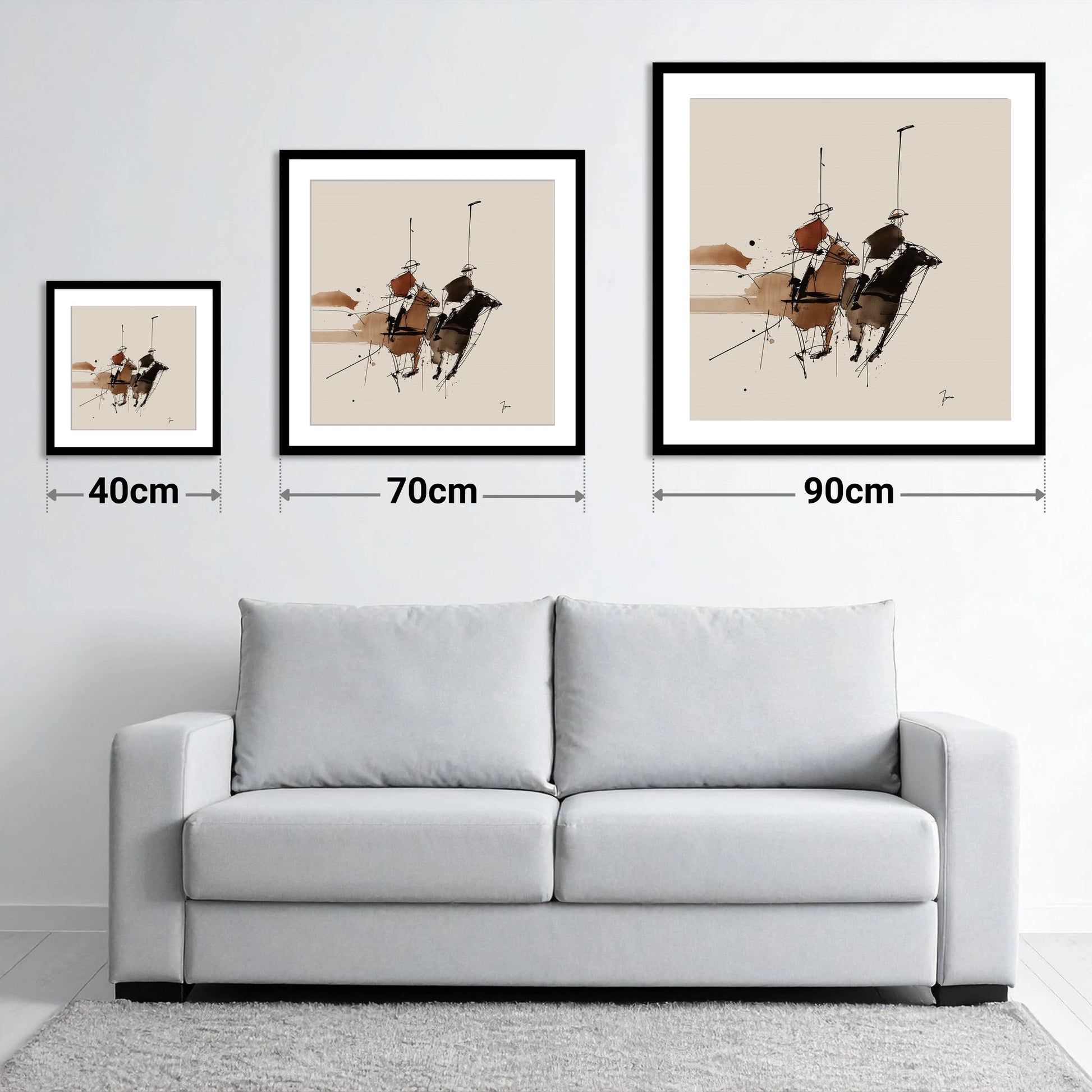The High Goal - size guide showing 40cm, 70cm and 90cm art prints