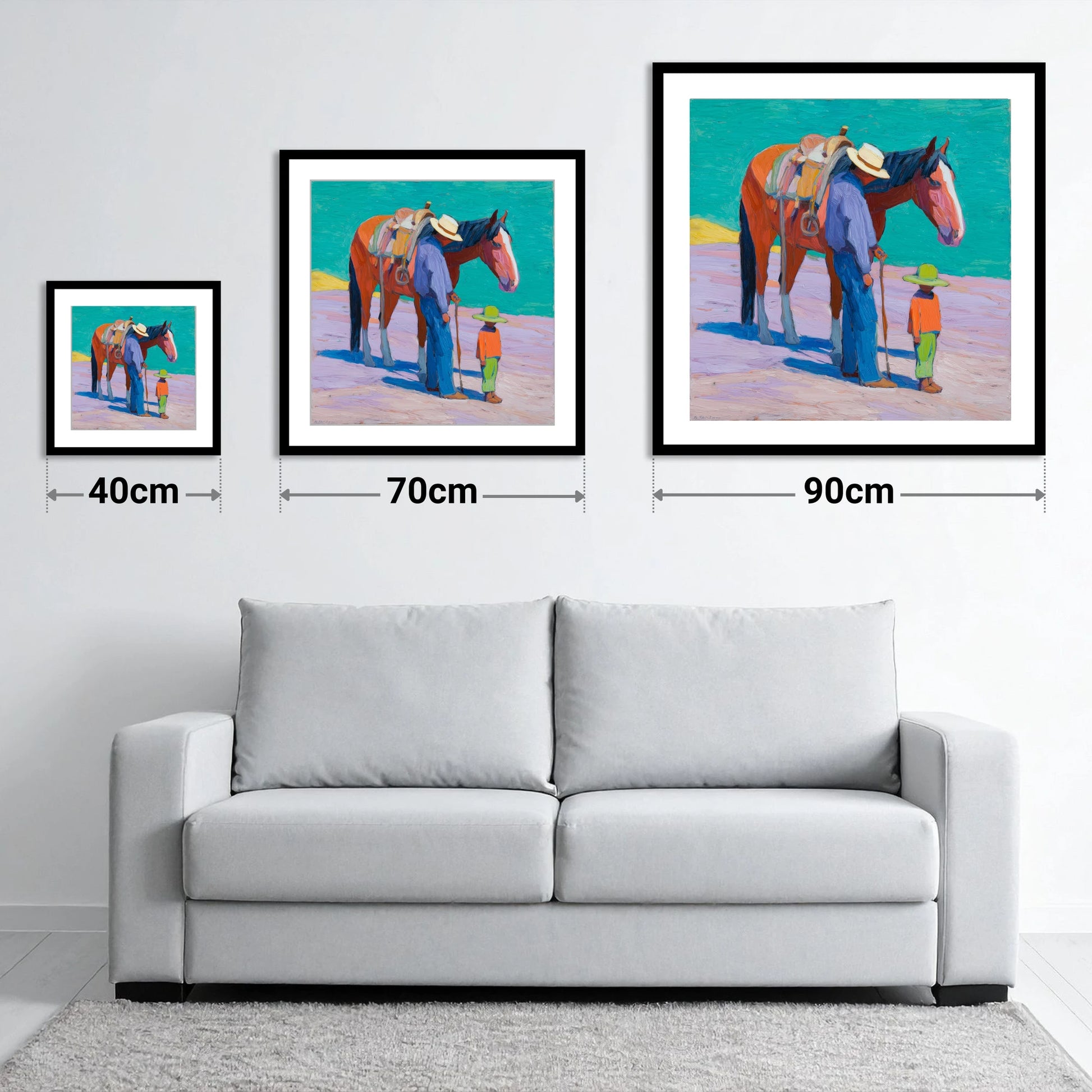 Sunlit Companions - size guide showing 40cm, 70cm and 90cm art prints