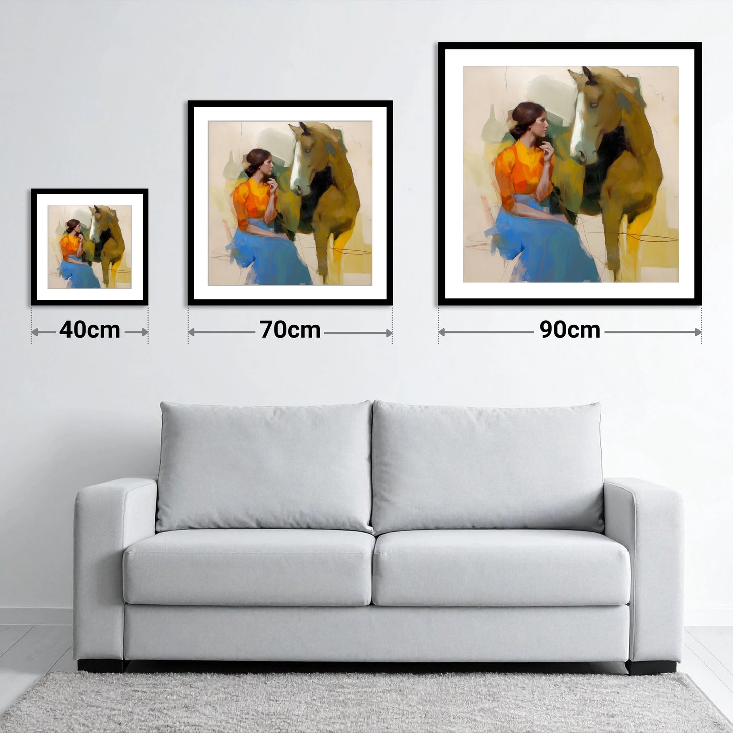 The Quiet Connection - size guide showing 40cm, 70cm and 90cm art prints
