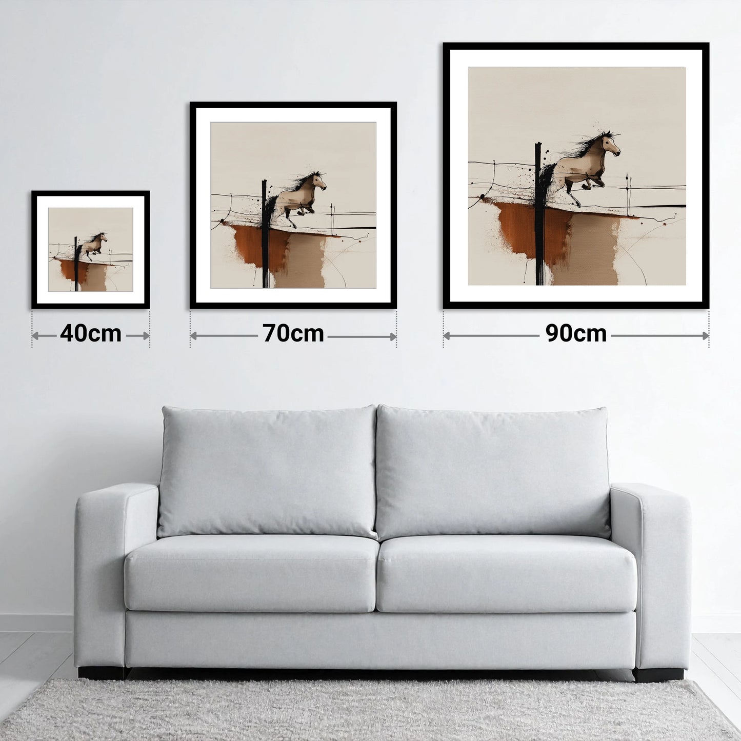 Clearing the Boundary - size guide showing 40cm, 70cm and 90cm art prints