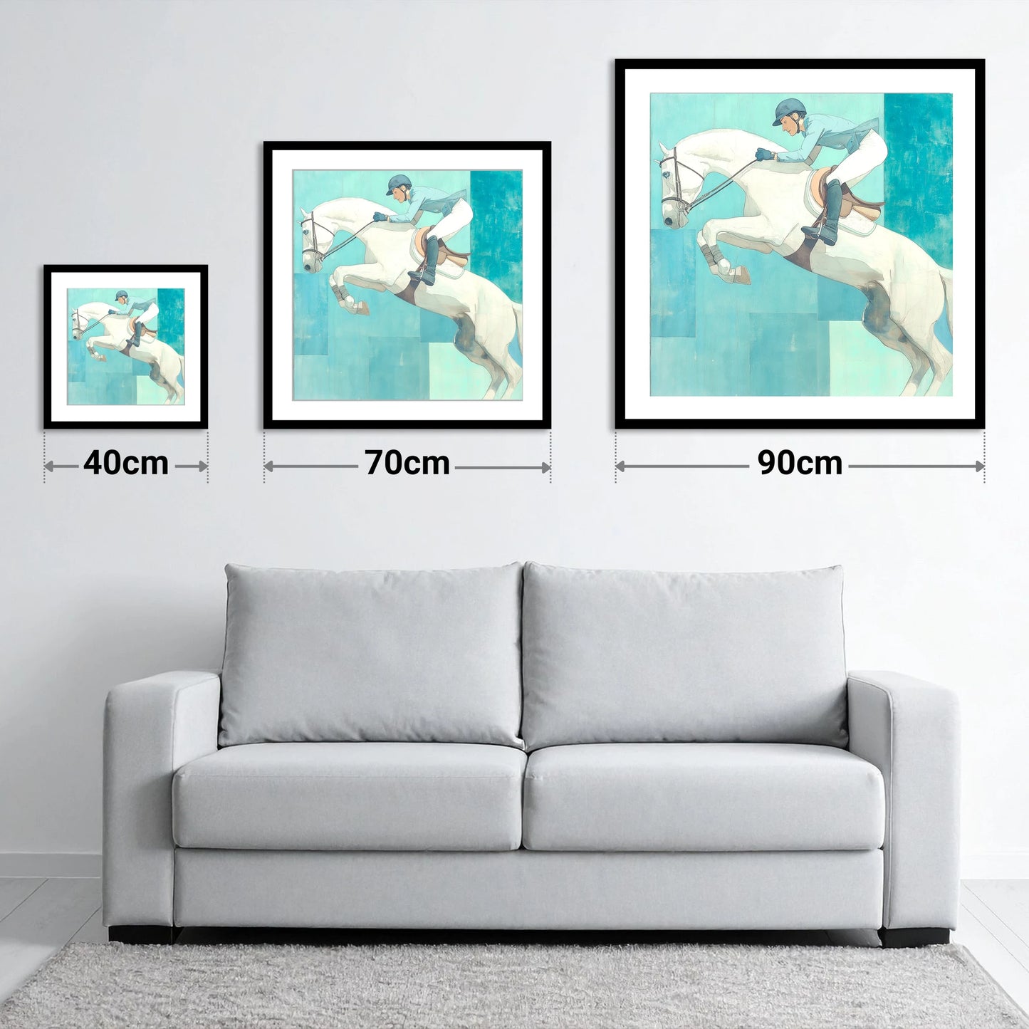 Aquamarine Flight - size guide showing 40cm, 70cm and 90cm art prints