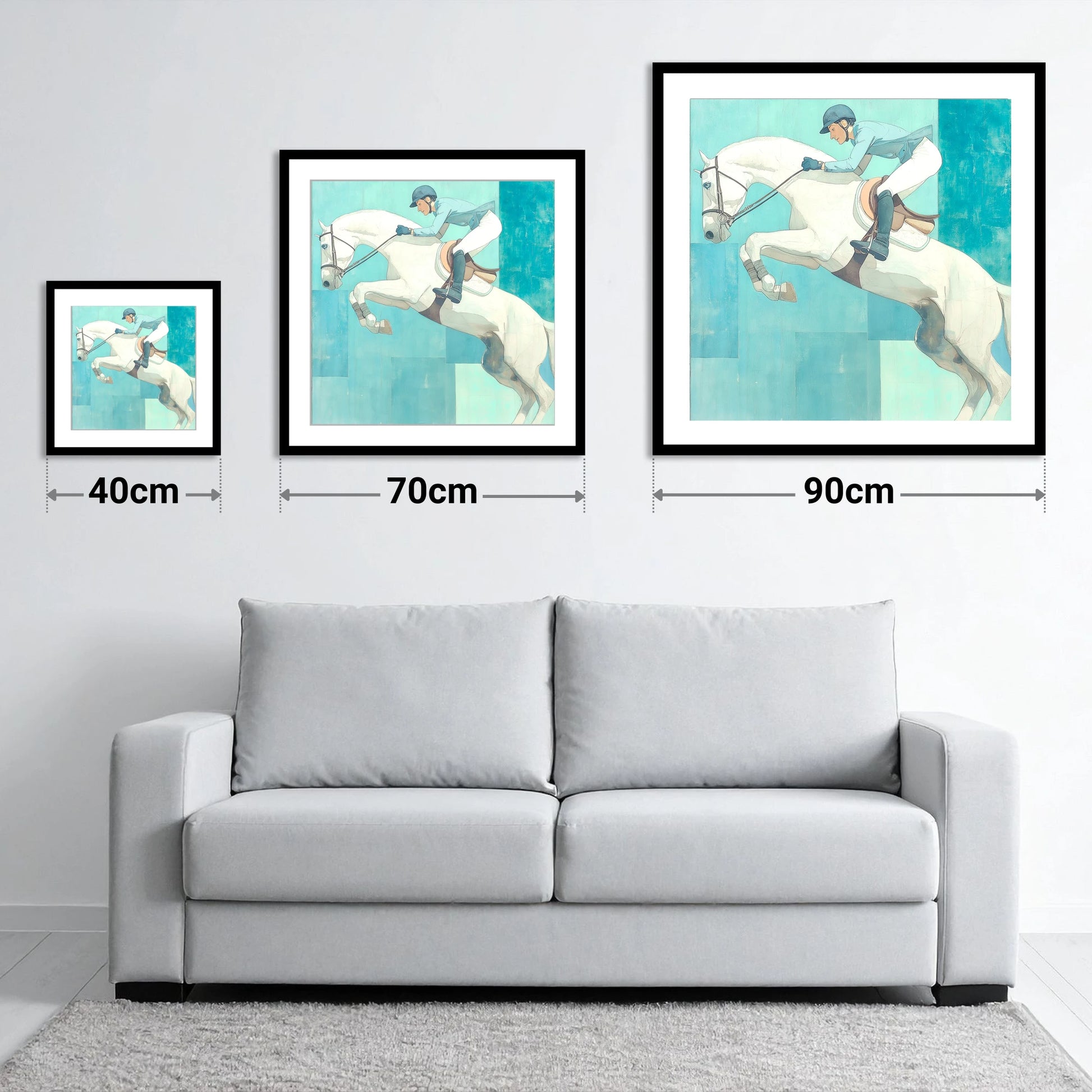 Aquamarine Flight - size guide showing 40cm, 70cm and 90cm art prints