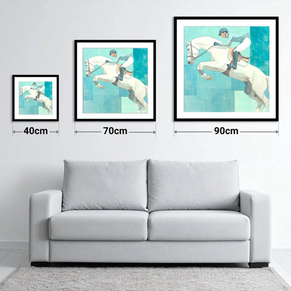 Aquamarine Flight - size guide showing 40cm, 70cm and 90cm art prints