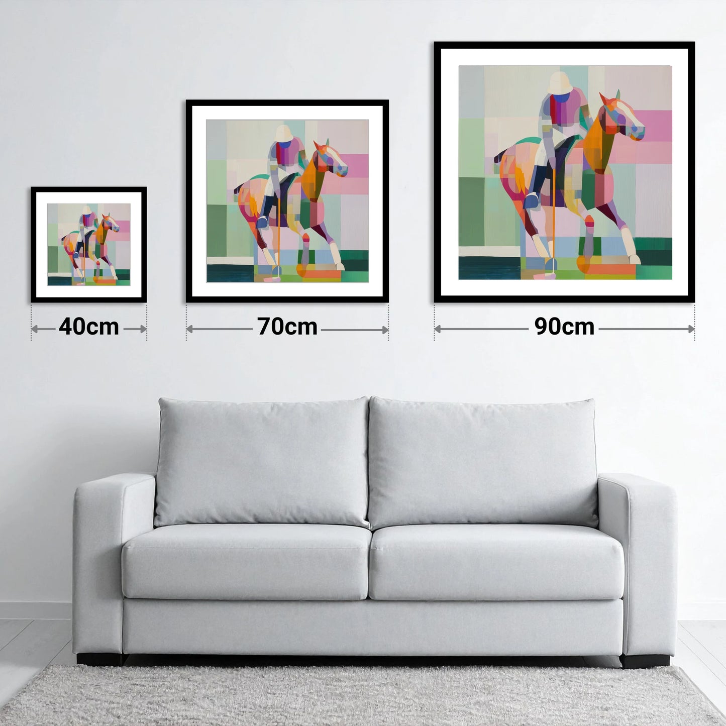 Geometric Polo Strike - size guide showing 40cm, 70cm and 90cm art prints
