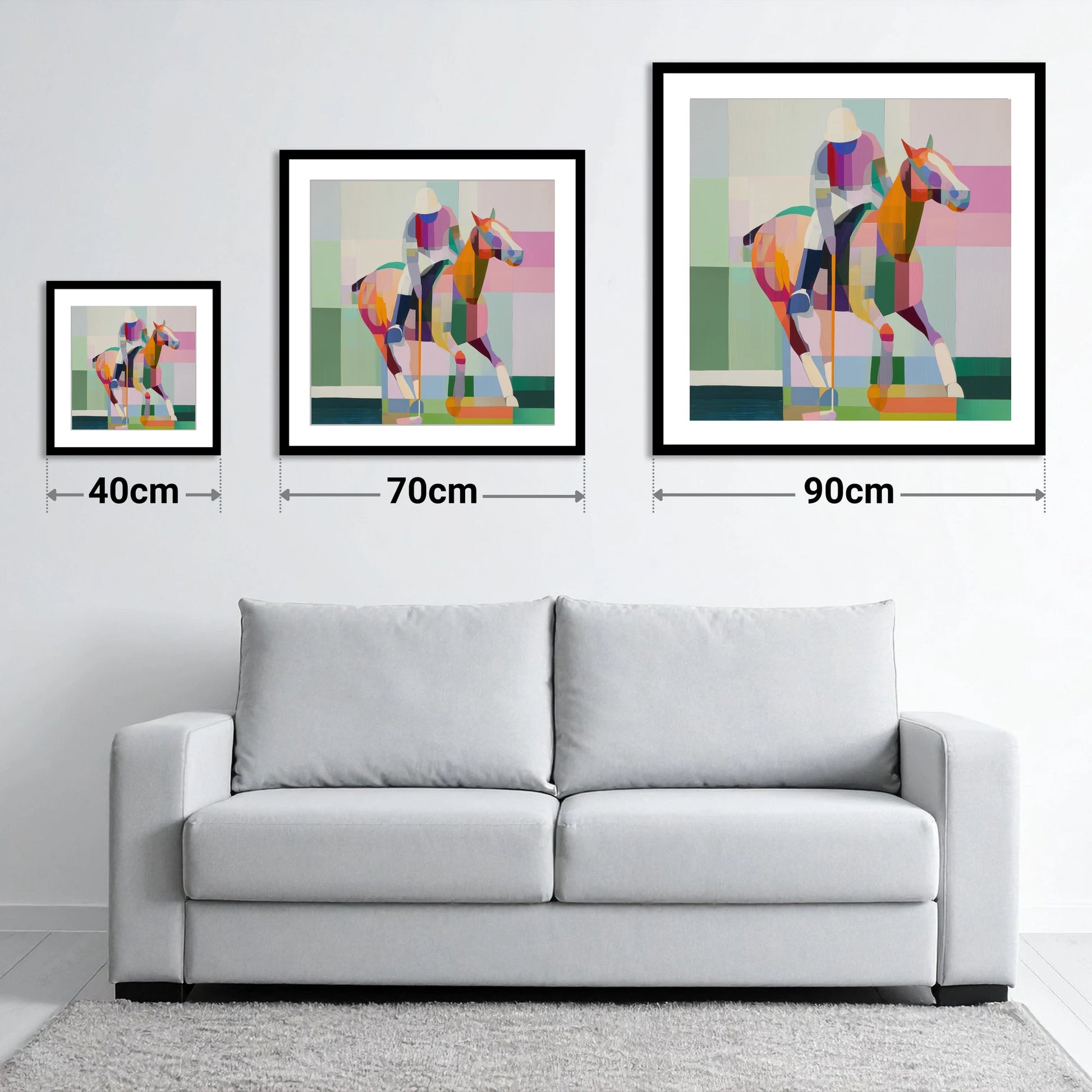 Geometric Polo Strike - size guide showing 40cm, 70cm and 90cm art prints