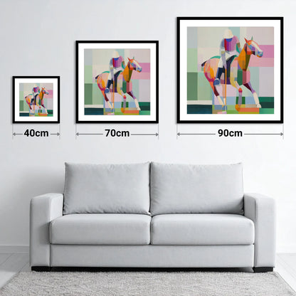 Geometric Polo Strike - size guide showing 40cm, 70cm and 90cm art prints