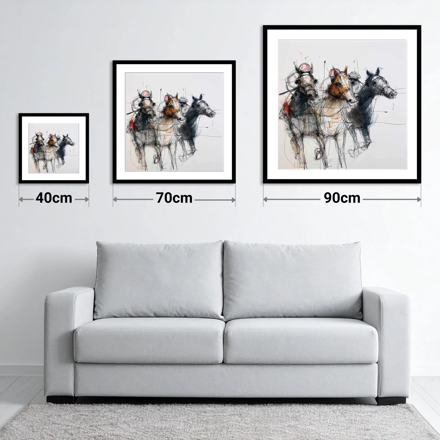 The Leading Pack - size guide showing 40cm, 70cm and 90cm art prints