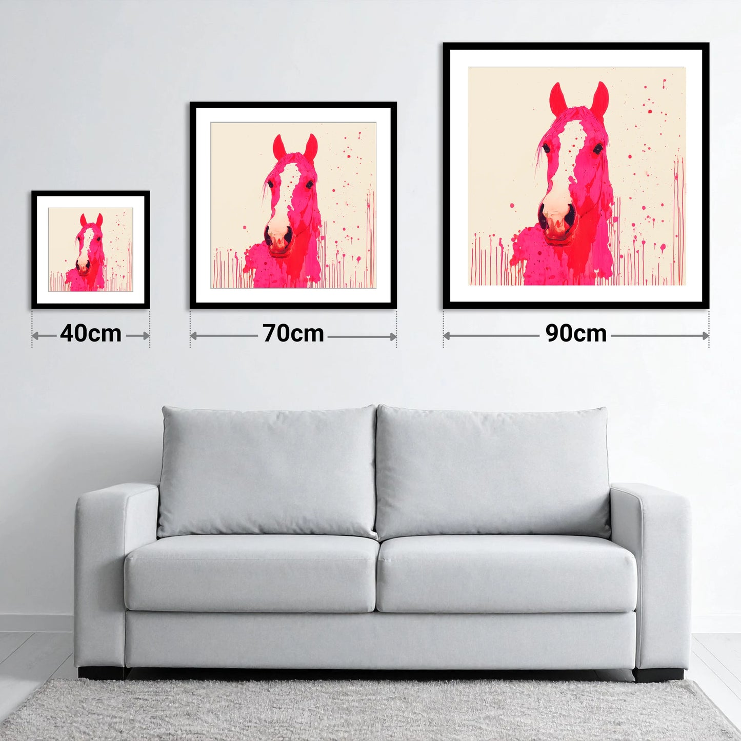 Vibrant Magenta Blaze - size guide showing 40cm, 70cm and 90cm art prints