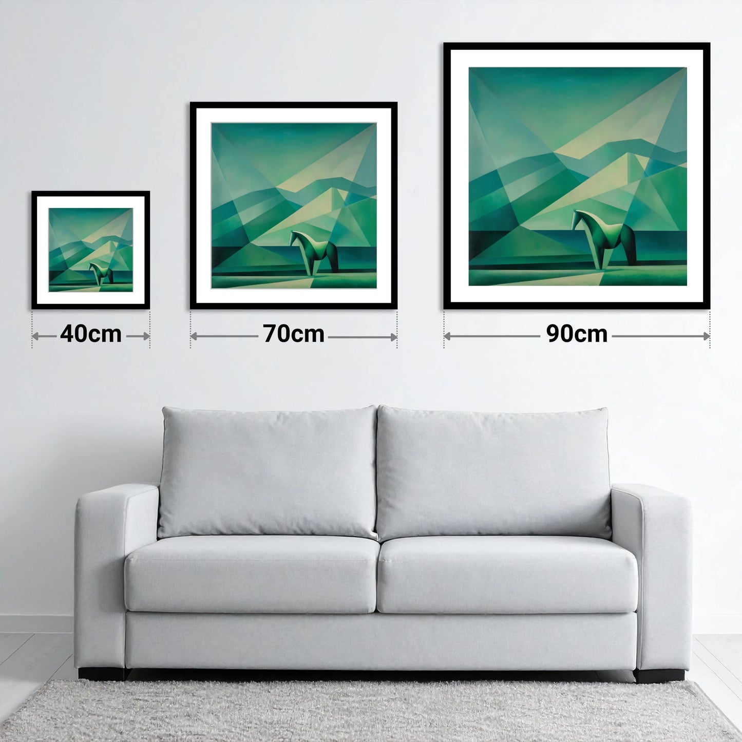 Emerald Equine Geometry - size guide showing 40cm, 70cm and 90cm art prints