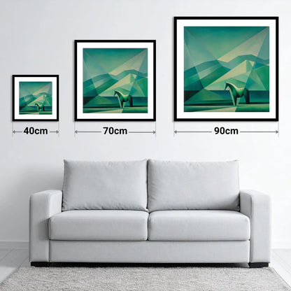 Emerald Equine Geometry - size guide showing 40cm, 70cm and 90cm art prints