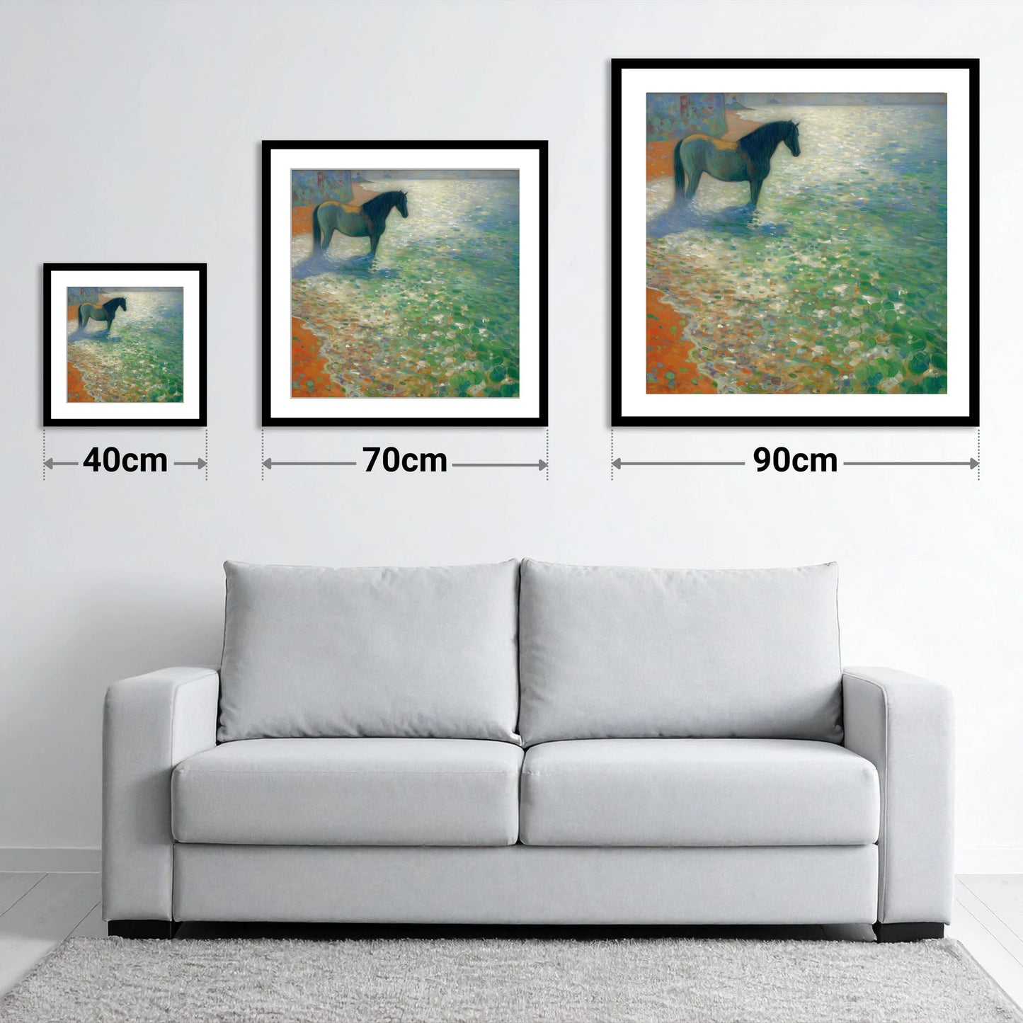 Sunlit Coastal Shallows - size guide showing 40cm, 70cm and 90cm art prints
