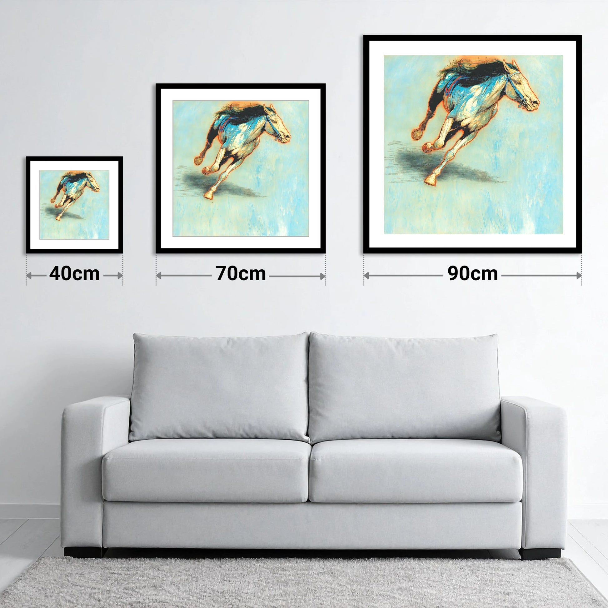 Cerulean Sprint - size guide showing 40cm, 70cm and 90cm art prints