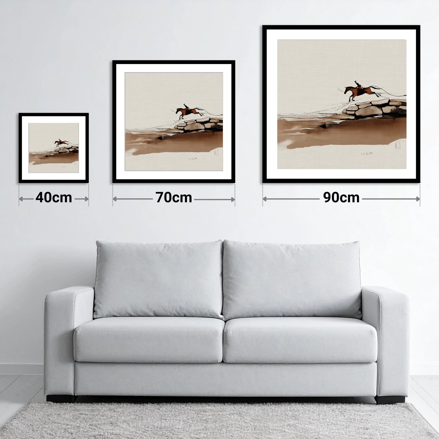 Flight Over Stone - size guide showing 40cm, 70cm and 90cm art prints