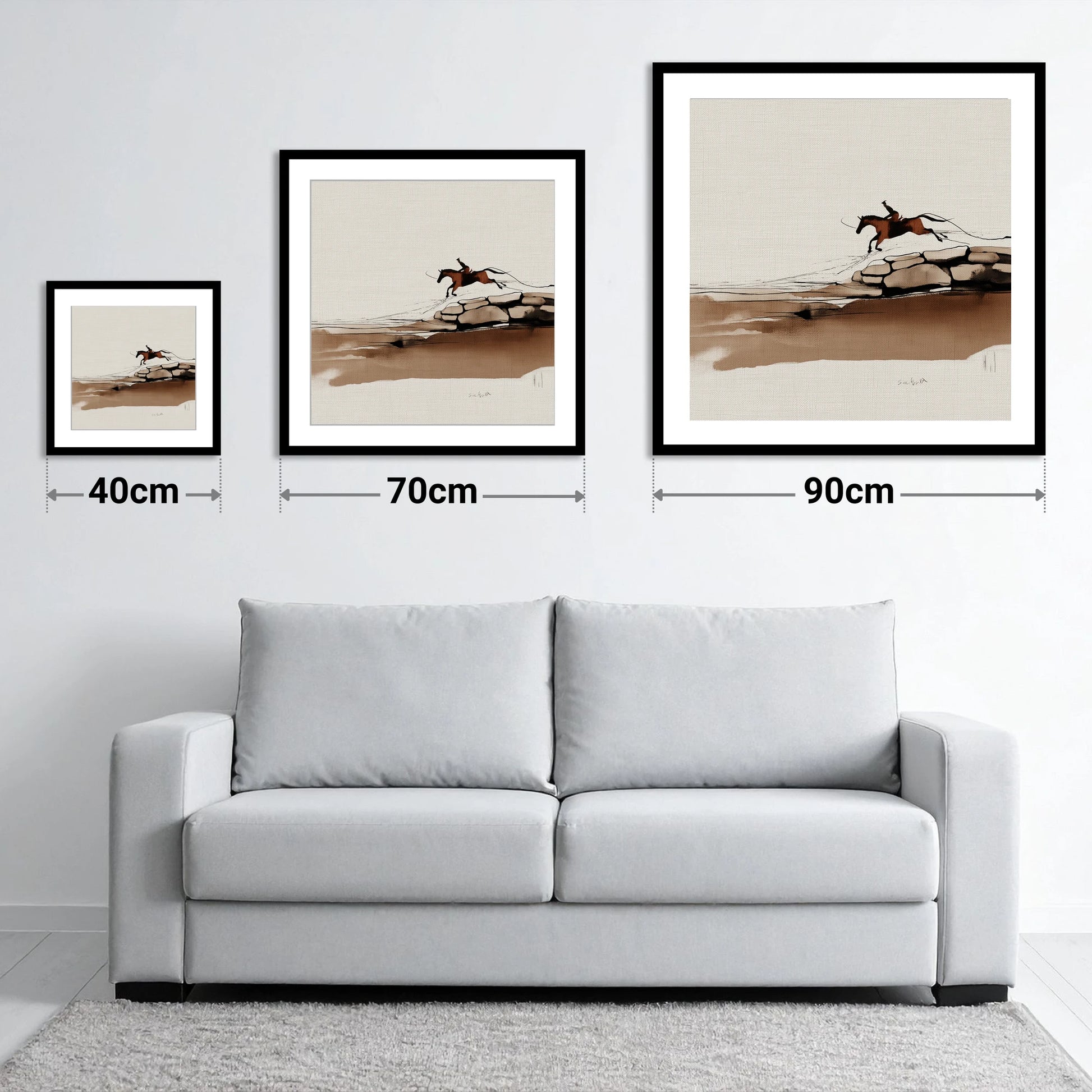 Flight Over Stone - size guide showing 40cm, 70cm and 90cm art prints