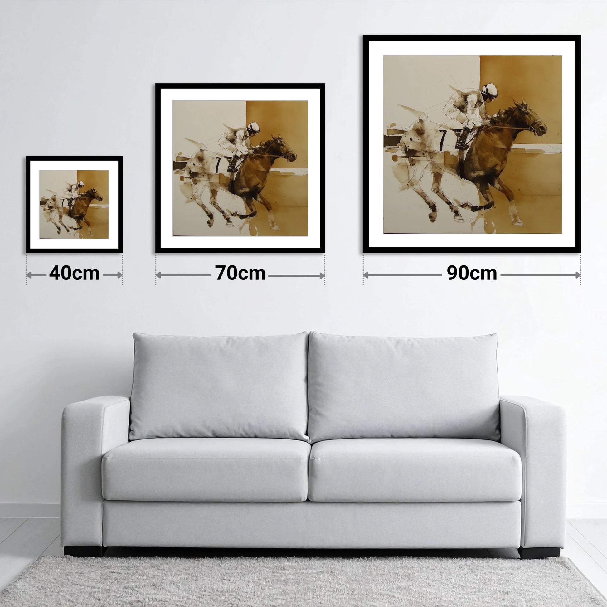 Sepia Racing Stride - size guide showing 40cm, 70cm and 90cm art prints