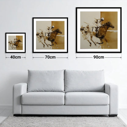 Sepia Racing Stride - size guide showing 40cm, 70cm and 90cm art prints