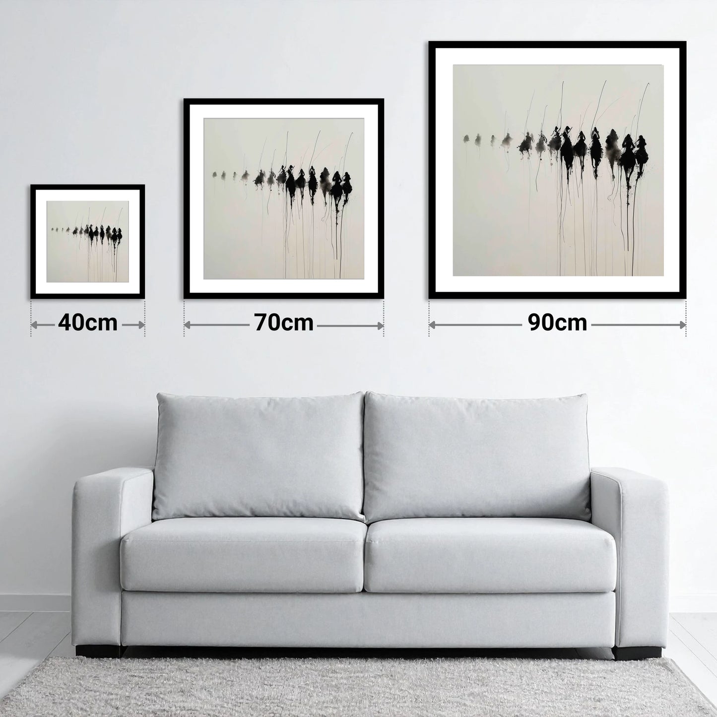 The Ethereal Field - size guide showing 40cm, 70cm and 90cm art prints