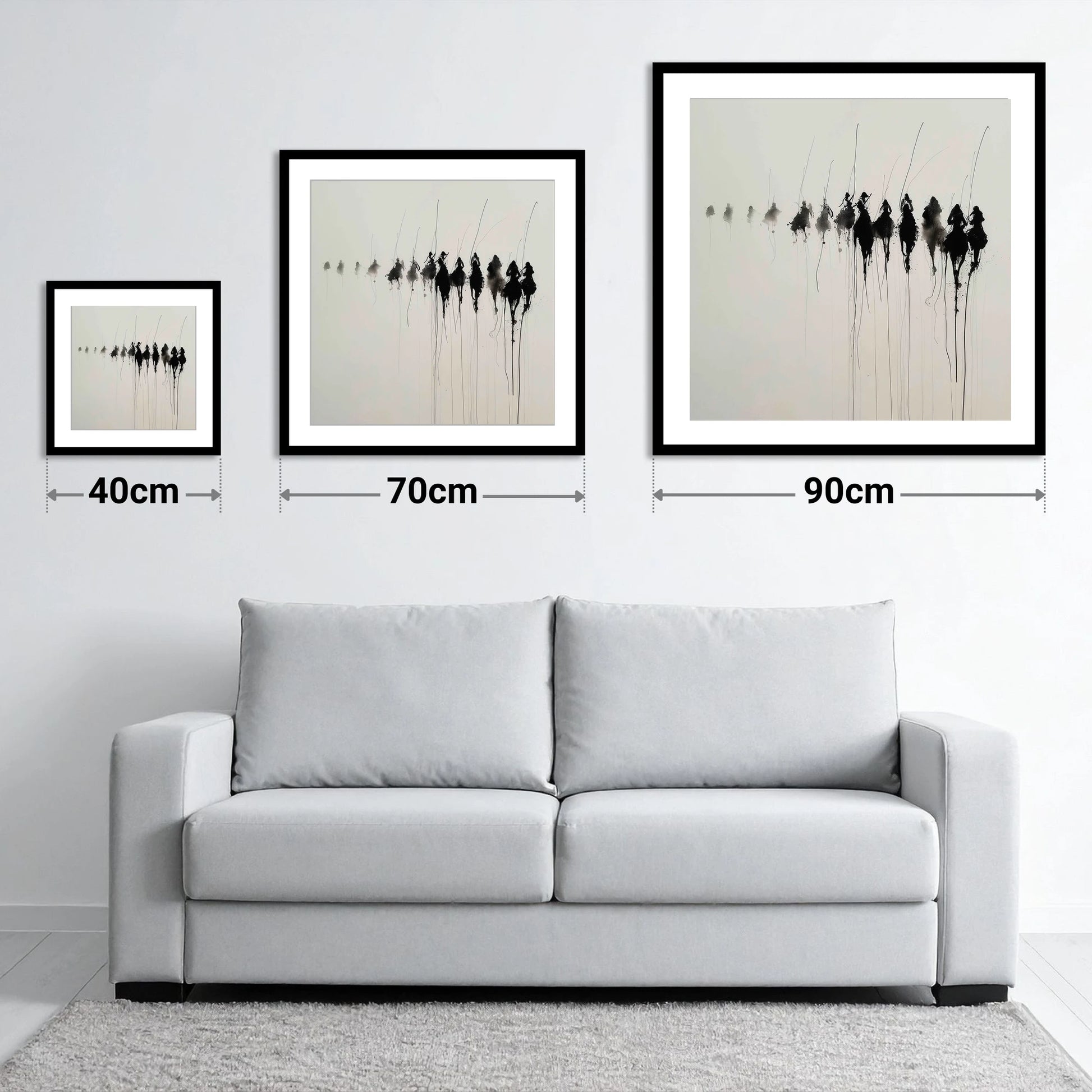 The Ethereal Field - size guide showing 40cm, 70cm and 90cm art prints