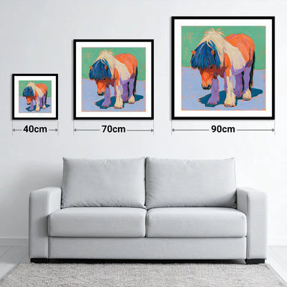 Shetland Pony In Vivid Colours - size guide showing 40cm, 70cm and 90cm art prints