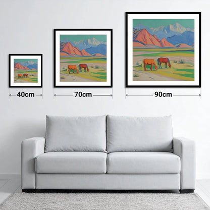 Vibrant Valley Pastures - size guide showing 40cm, 70cm and 90cm art prints