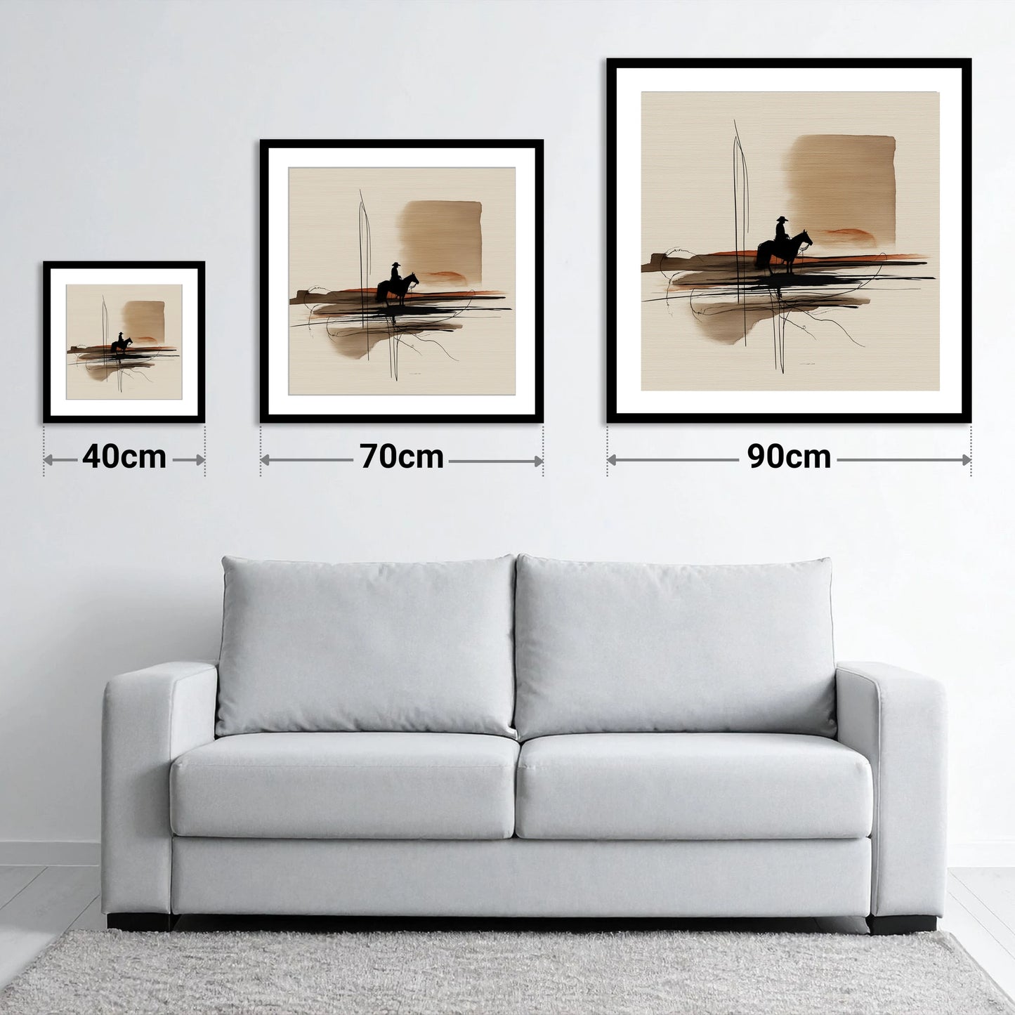 Solitude on the Plains - size guide showing 40cm, 70cm and 90cm art prints