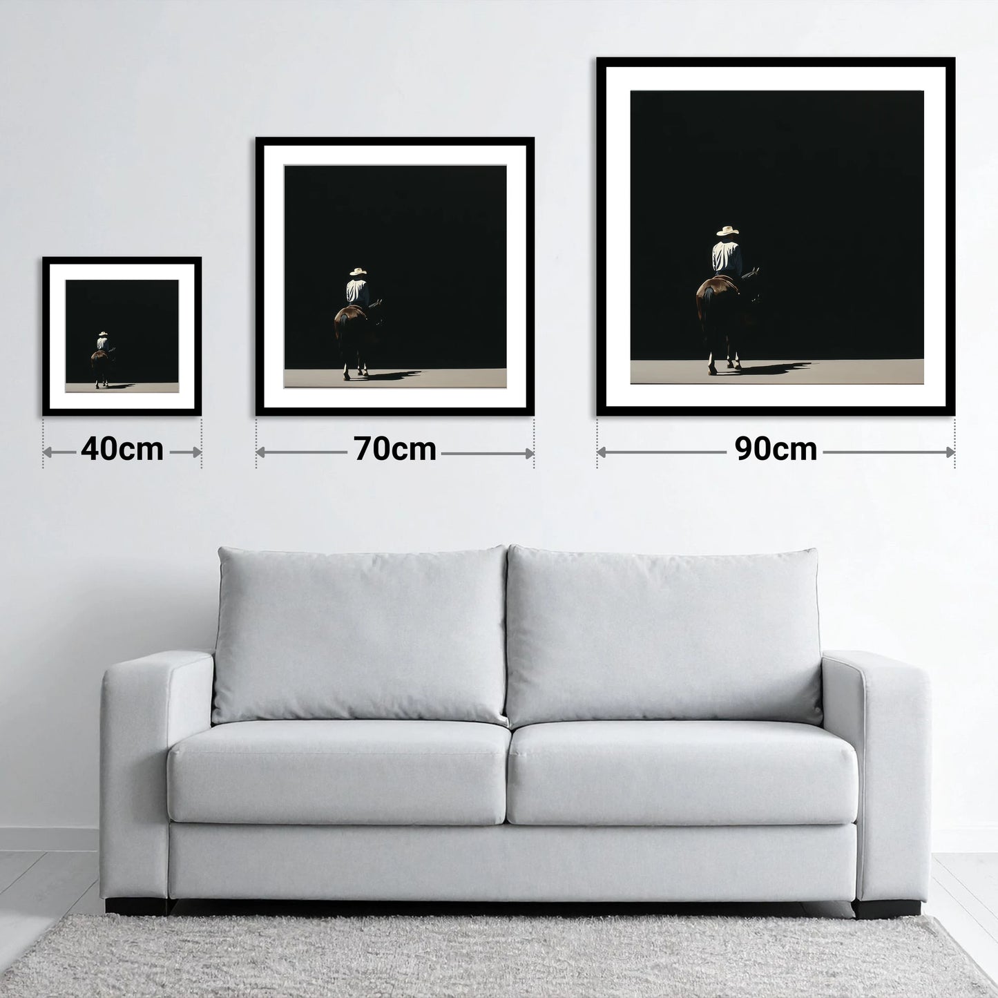 Into the Shadows - size guide showing 40cm, 70cm and 90cm art prints