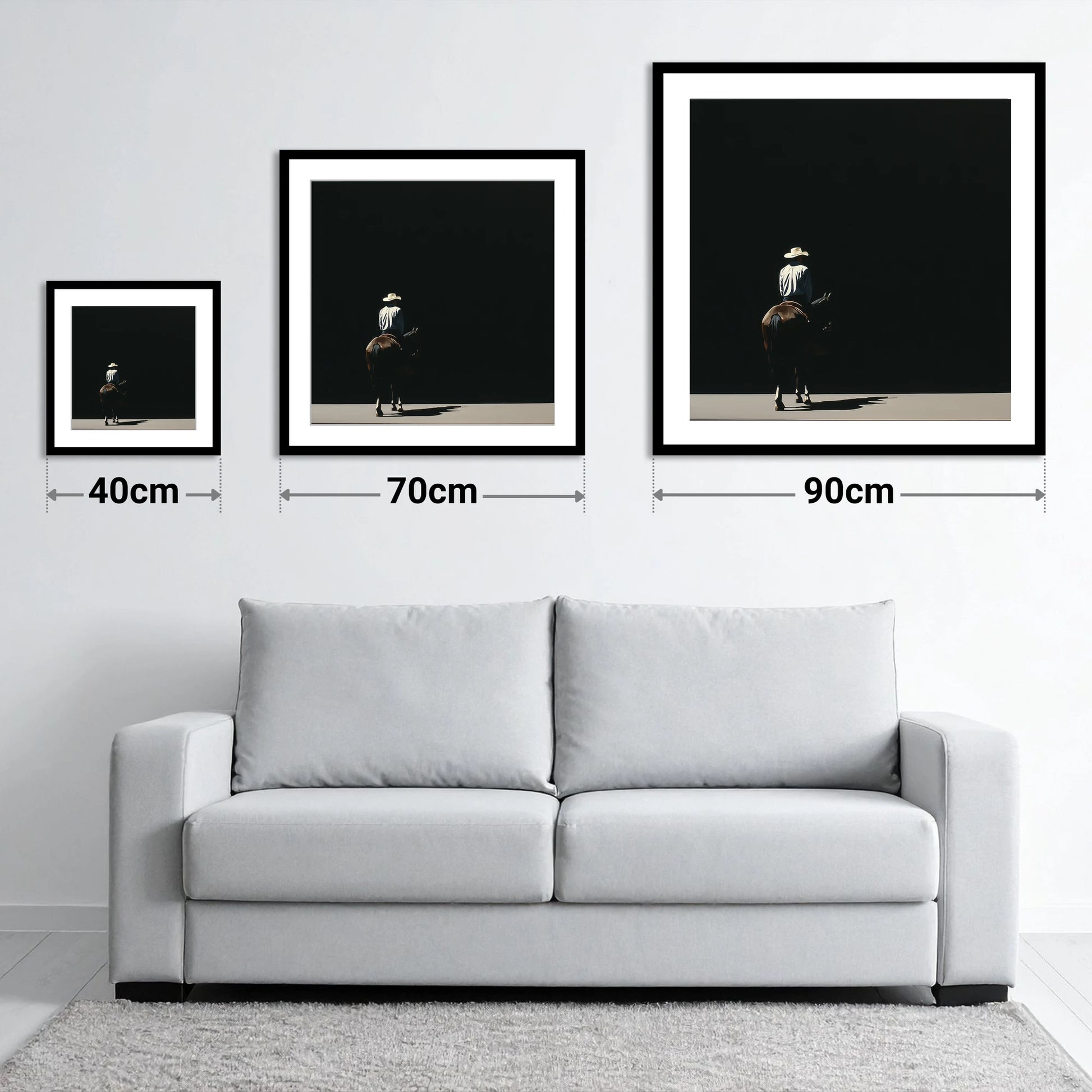 Into the Shadows - size guide showing 40cm, 70cm and 90cm art prints