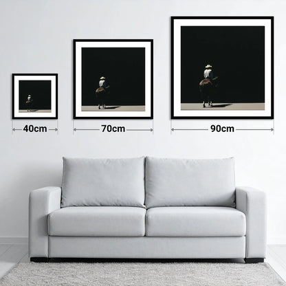 Into the Shadows - size guide showing 40cm, 70cm and 90cm art prints