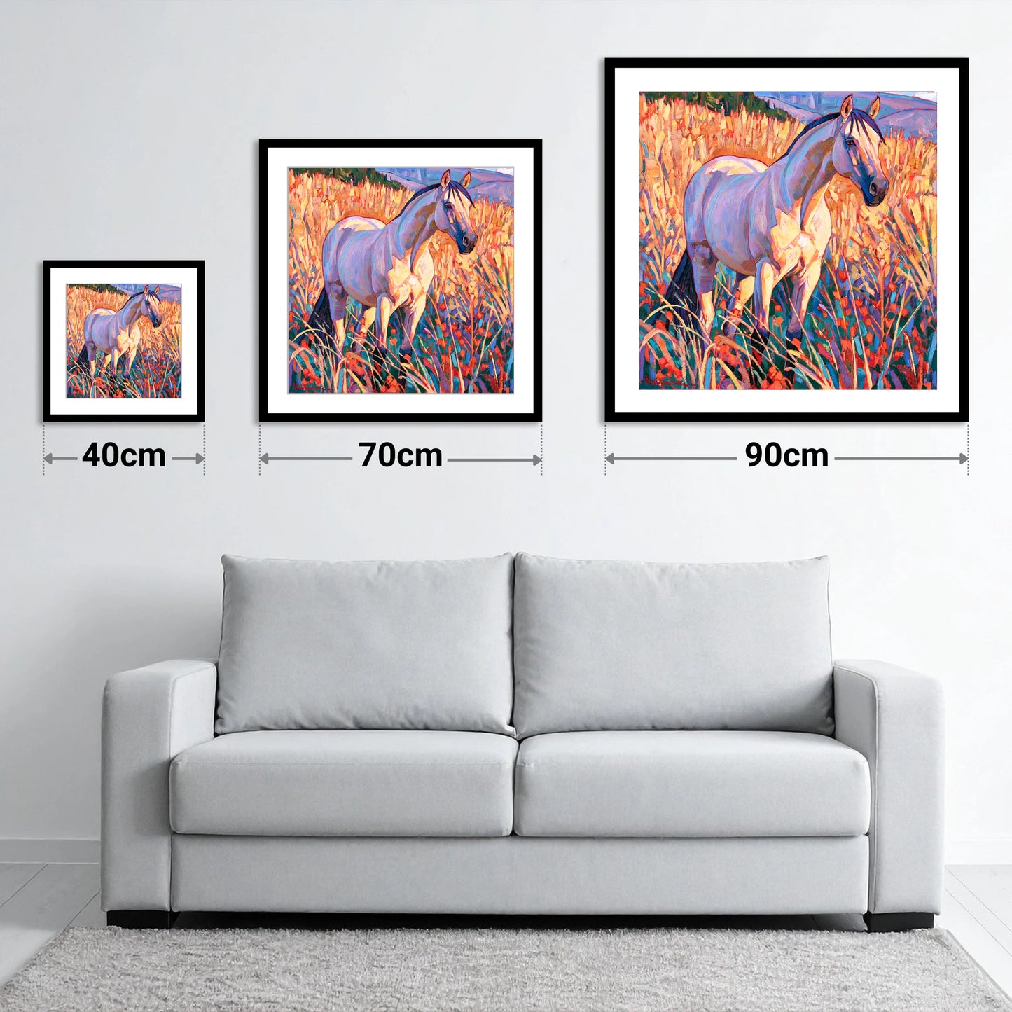 Vibrant Horse in Golden Grass - size guide showing 40cm, 70cm and 90cm art prints