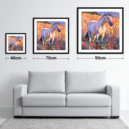 Vibrant Horse in Golden Grass - size guide showing 40cm, 70cm and 90cm art prints