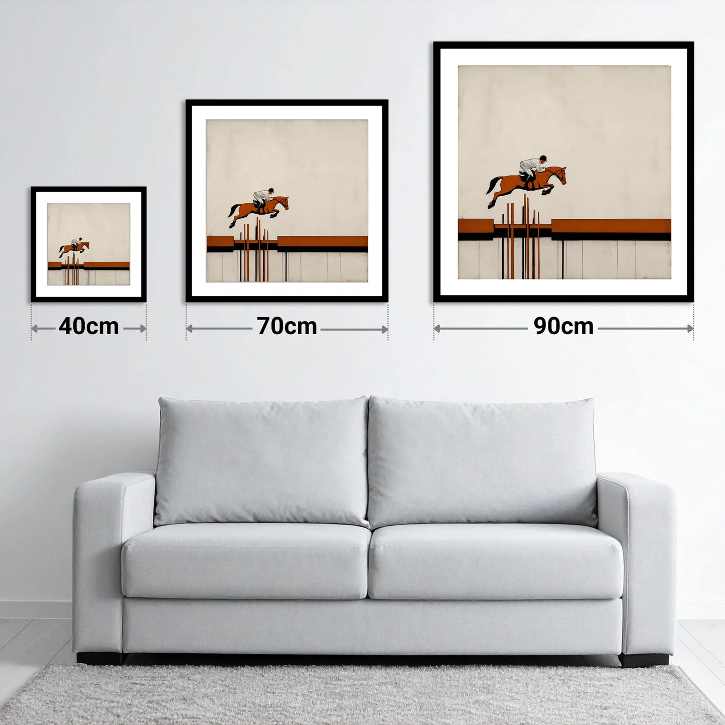 The Modernist Leap - size guide showing 40cm, 70cm and 90cm art prints