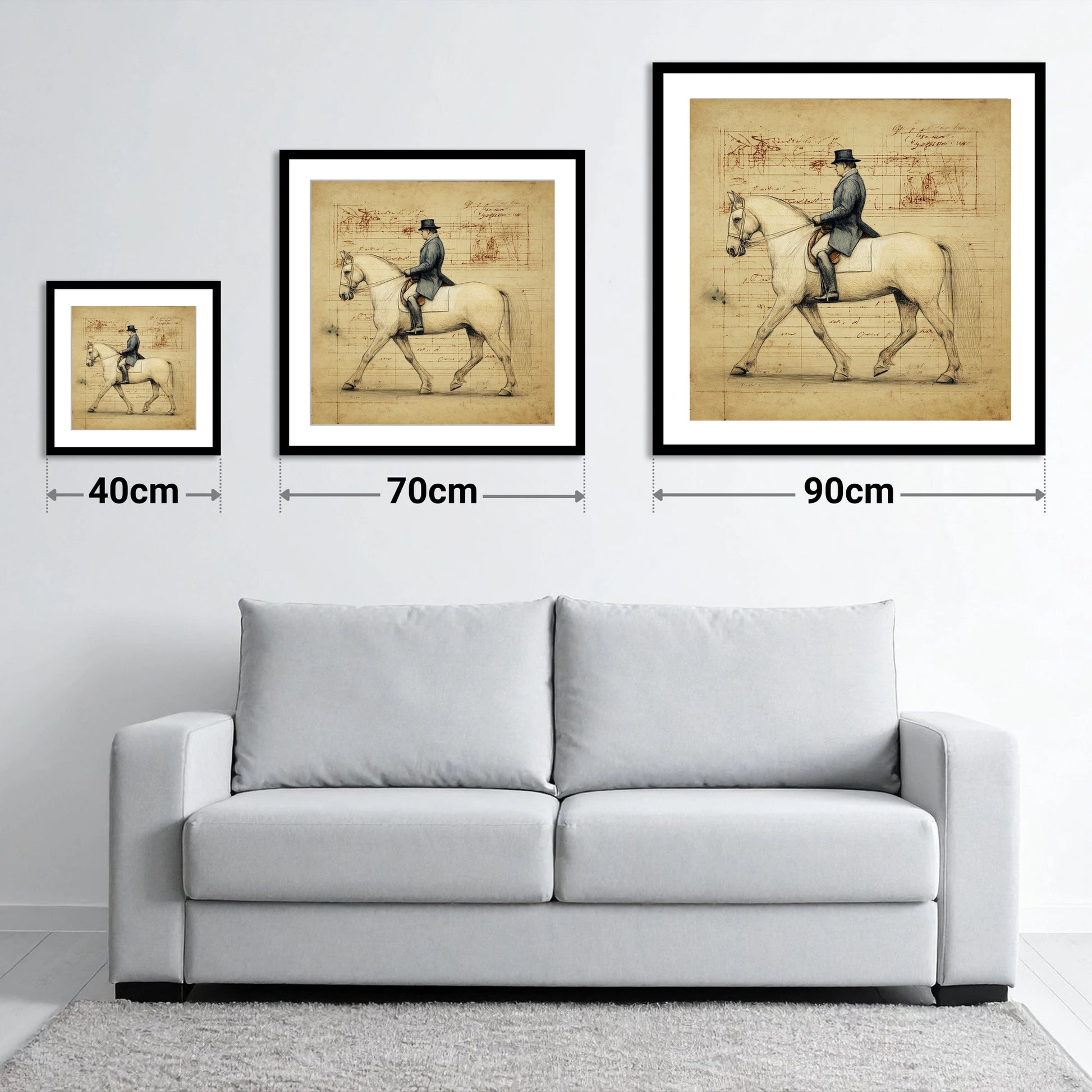 The Master's Study - size guide showing 40cm, 70cm and 90cm art prints