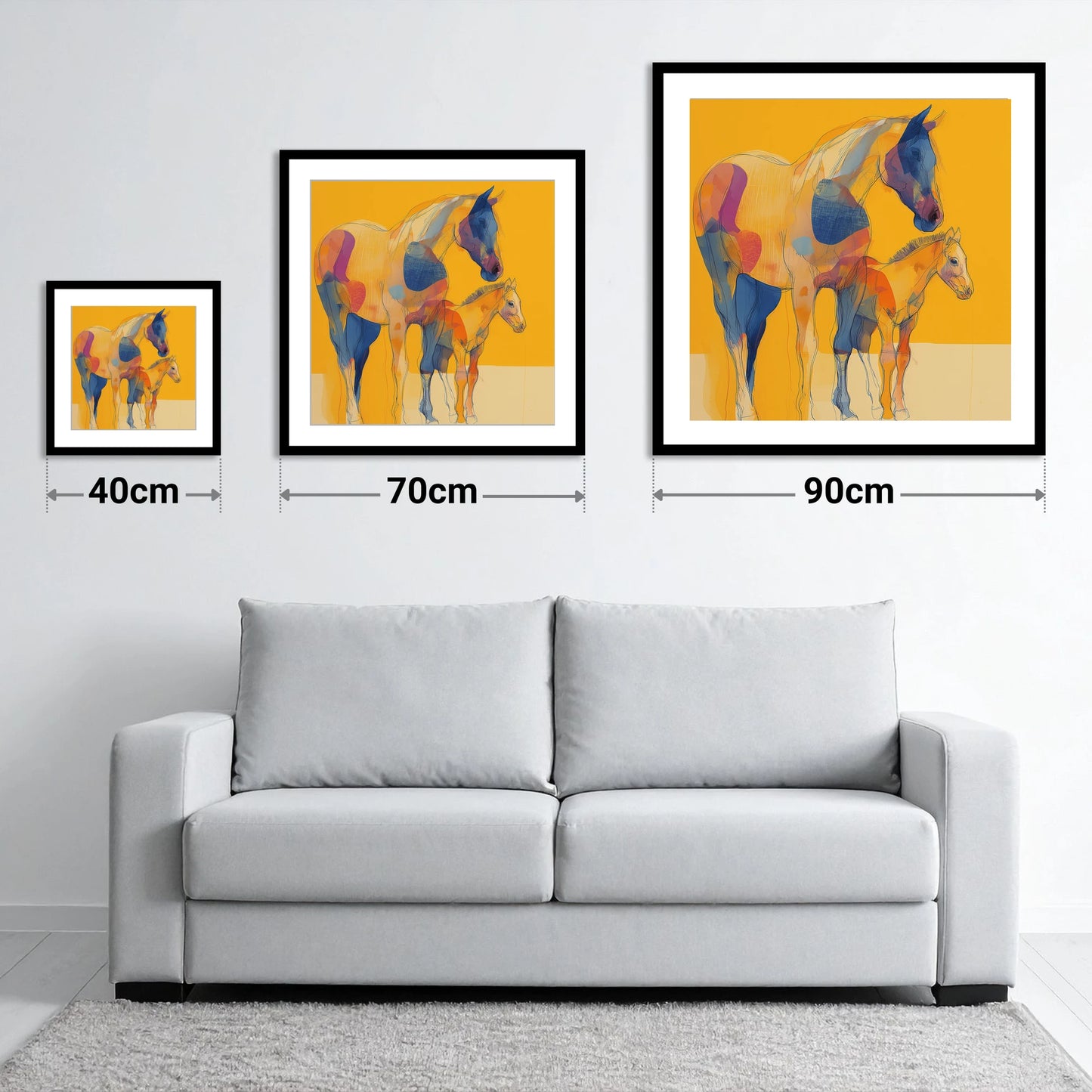 Golden Horizon Connections - size guide showing 40cm, 70cm and 90cm art prints