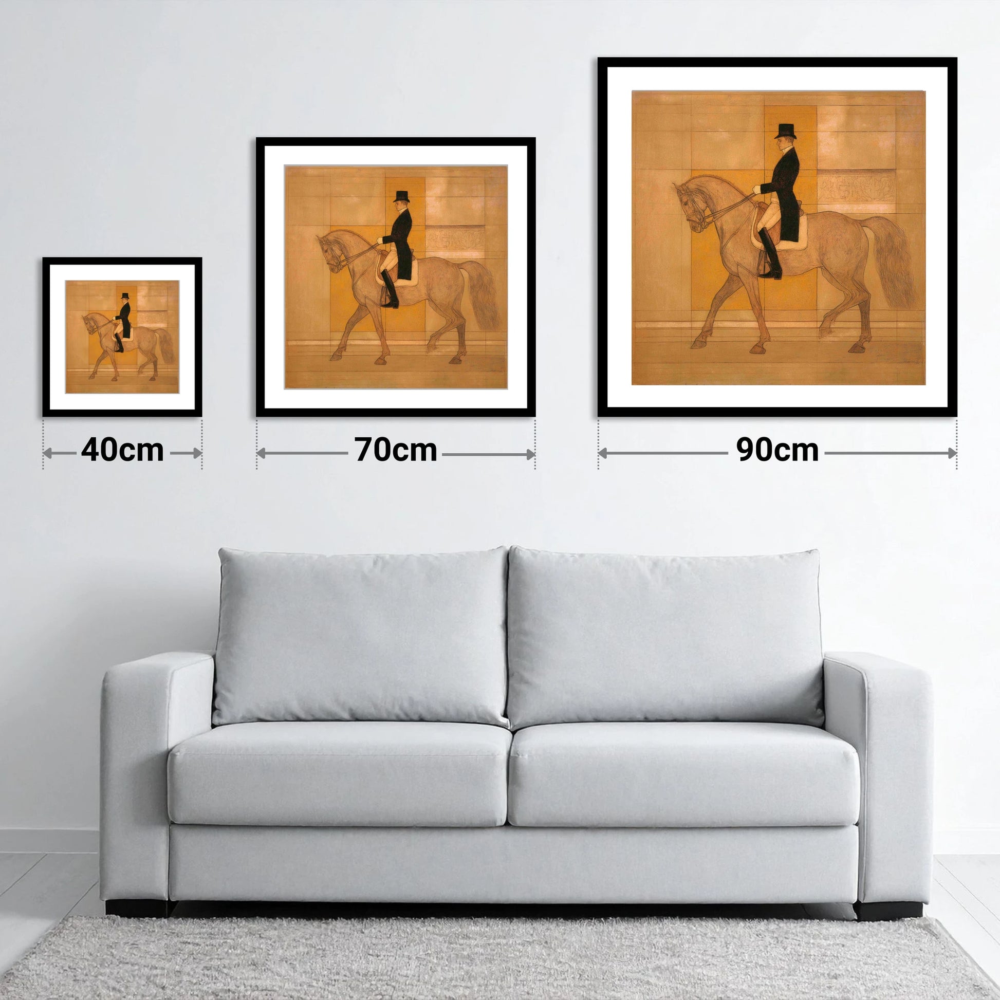 Collected Elegance - size guide showing 40cm, 70cm and 90cm art prints