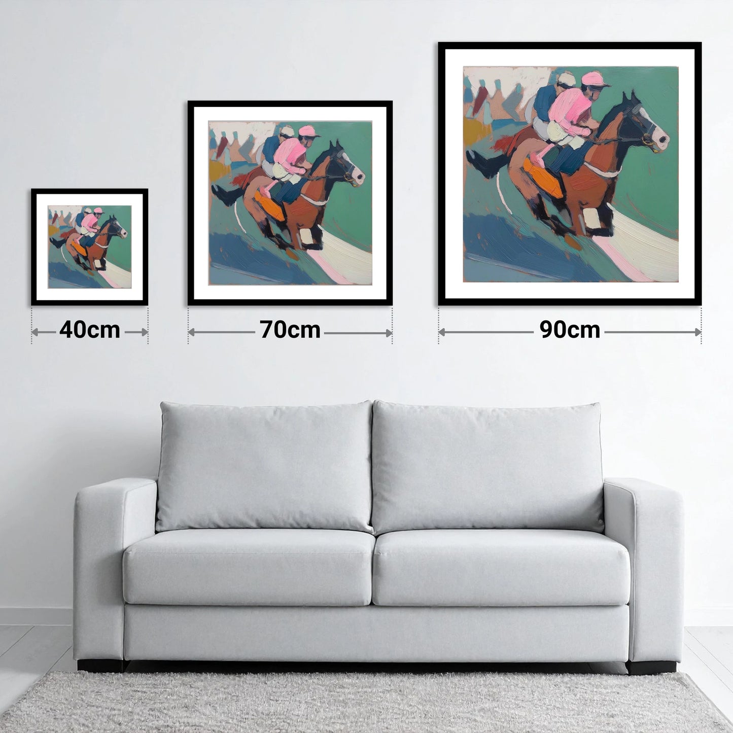 The Leading Edge in Rose - size guide showing 40cm, 70cm and 90cm art prints