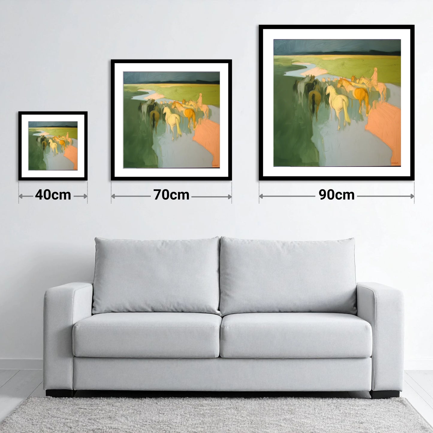 The River Crossing - size guide showing 40cm, 70cm and 90cm art prints