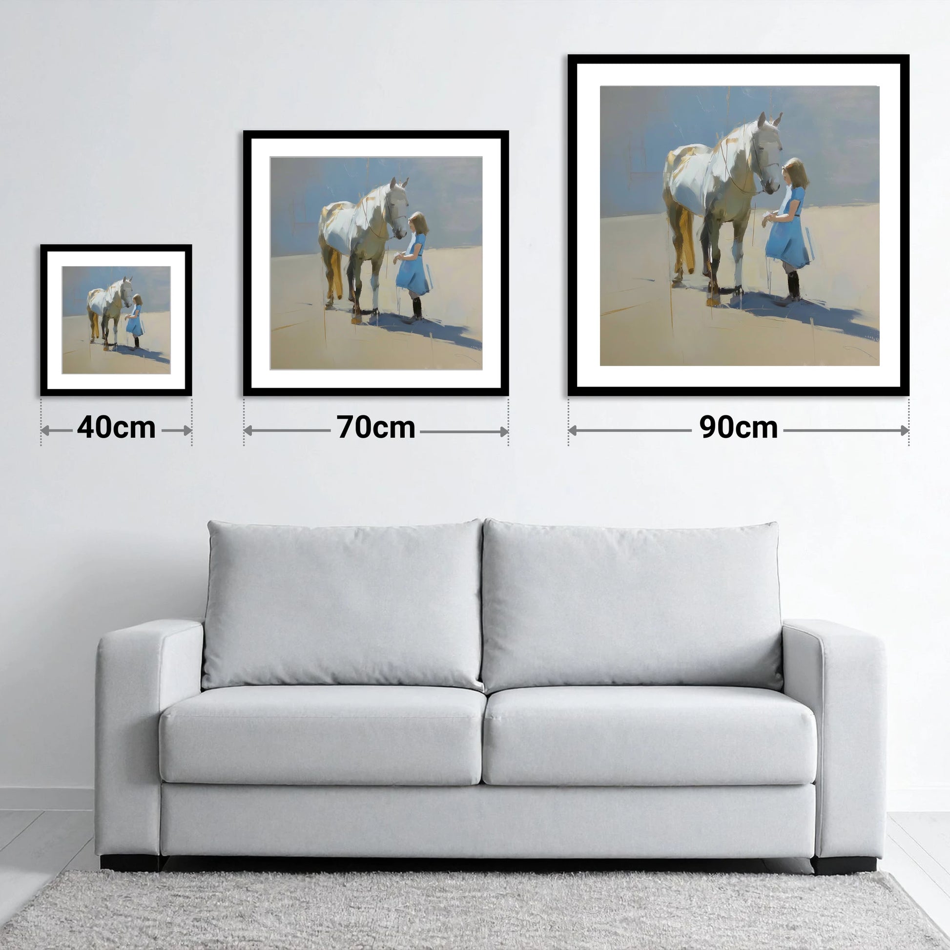 A Quiet Connection - size guide showing 40cm, 70cm and 90cm art prints