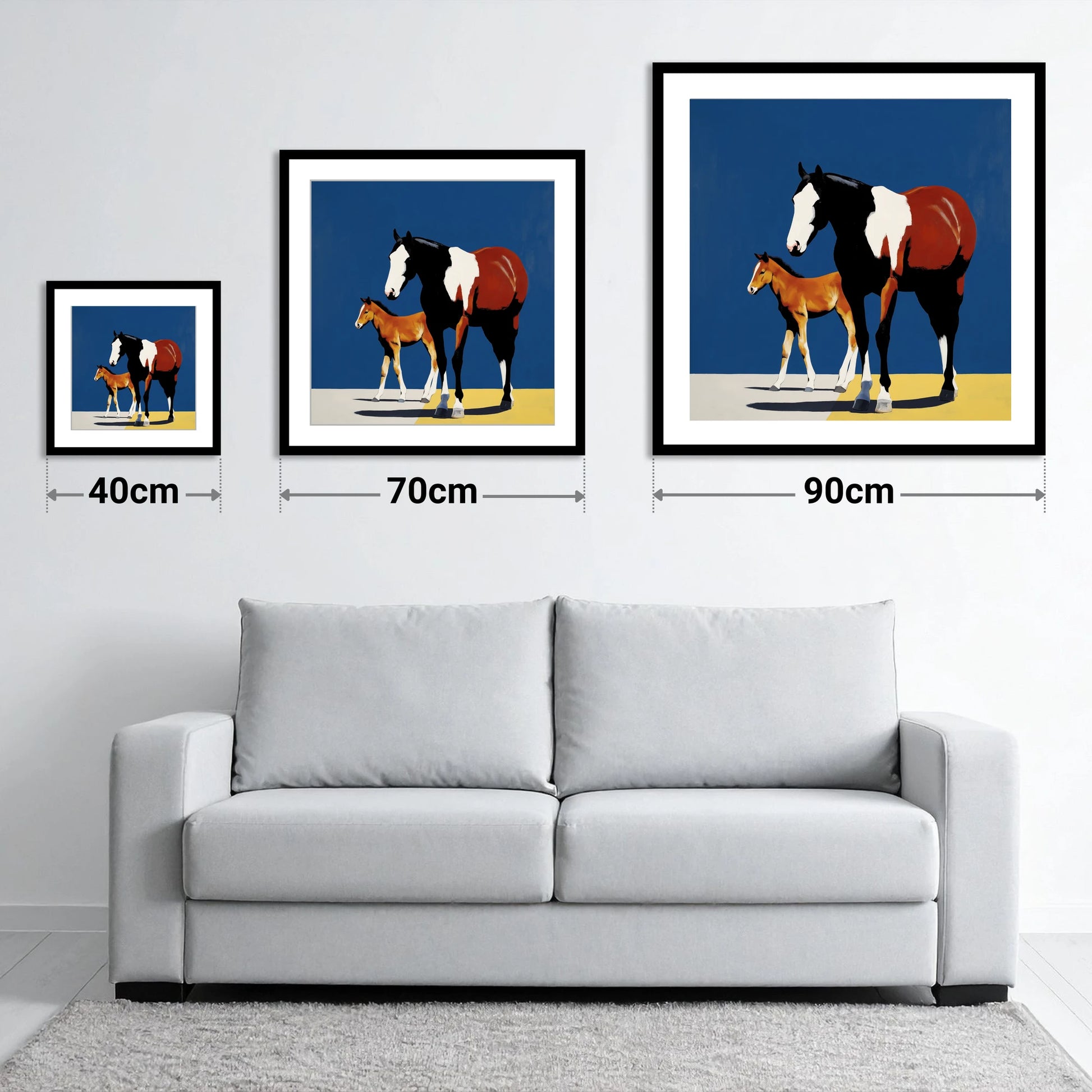 Striking Skewbald Bond - size guide showing 40cm, 70cm and 90cm art prints