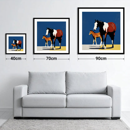 Striking Skewbald Bond - size guide showing 40cm, 70cm and 90cm art prints