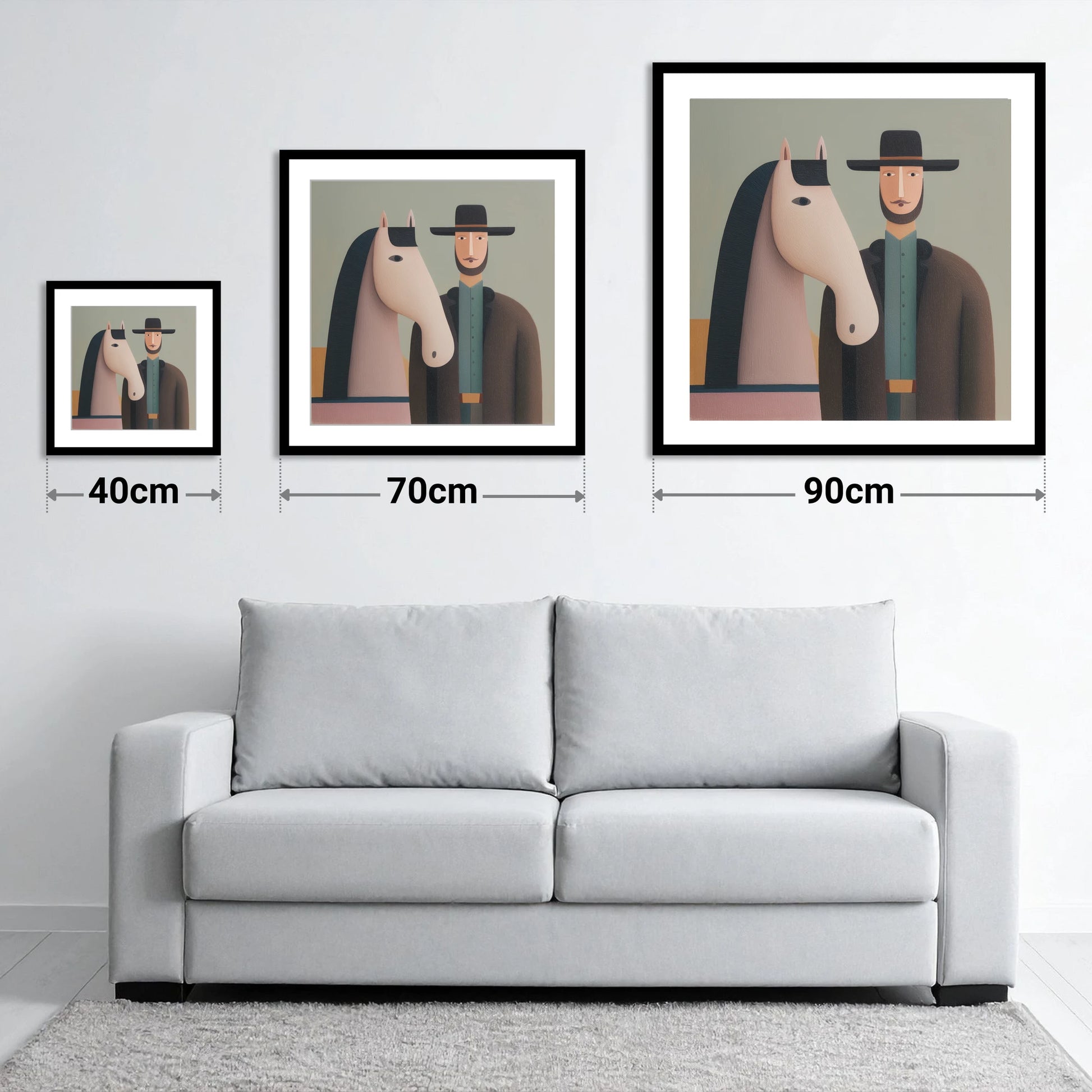 The Quiet Companions - size guide showing 40cm, 70cm and 90cm art prints