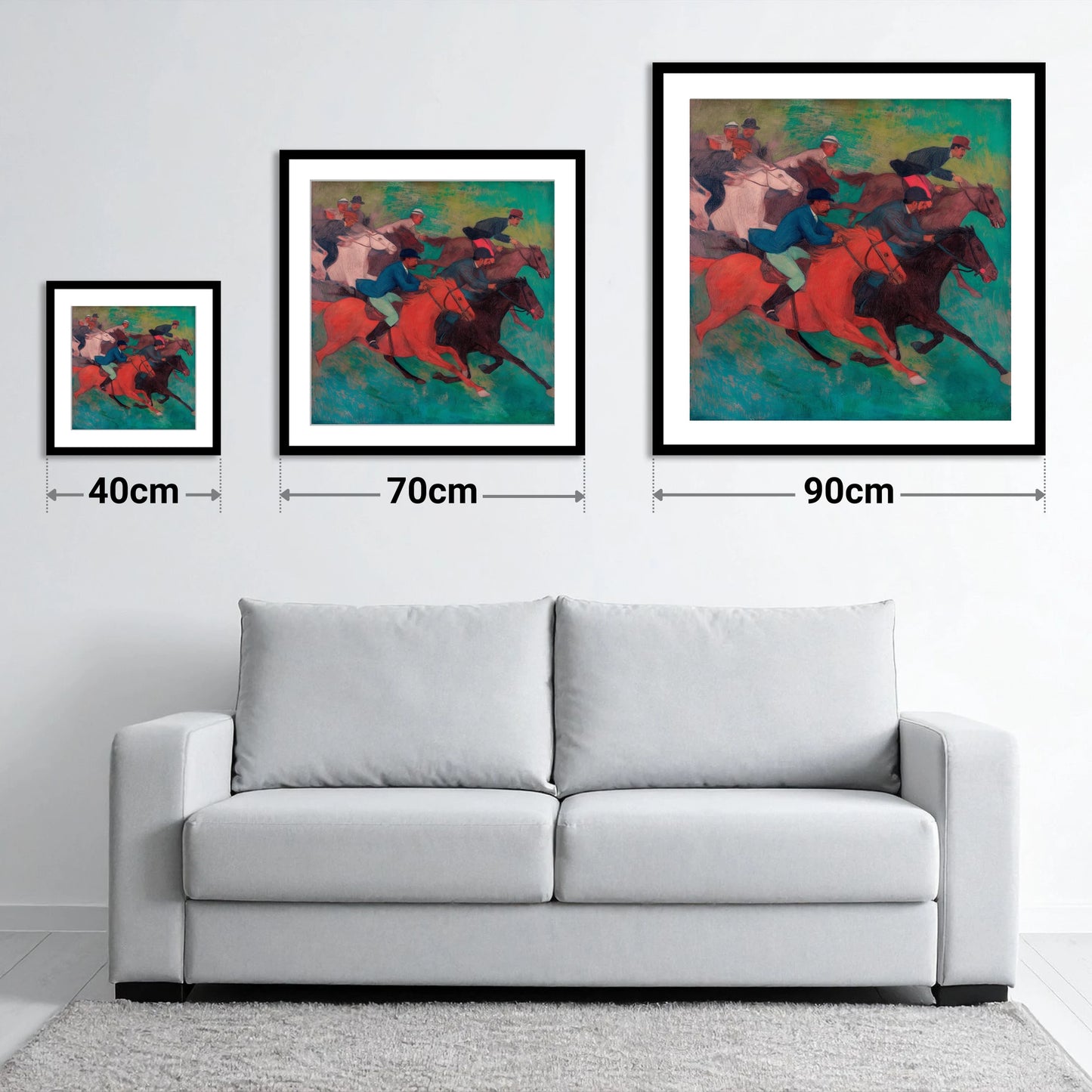 The Crimson Stride - size guide showing 40cm, 70cm and 90cm art prints