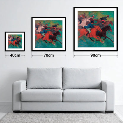 The Crimson Stride - size guide showing 40cm, 70cm and 90cm art prints
