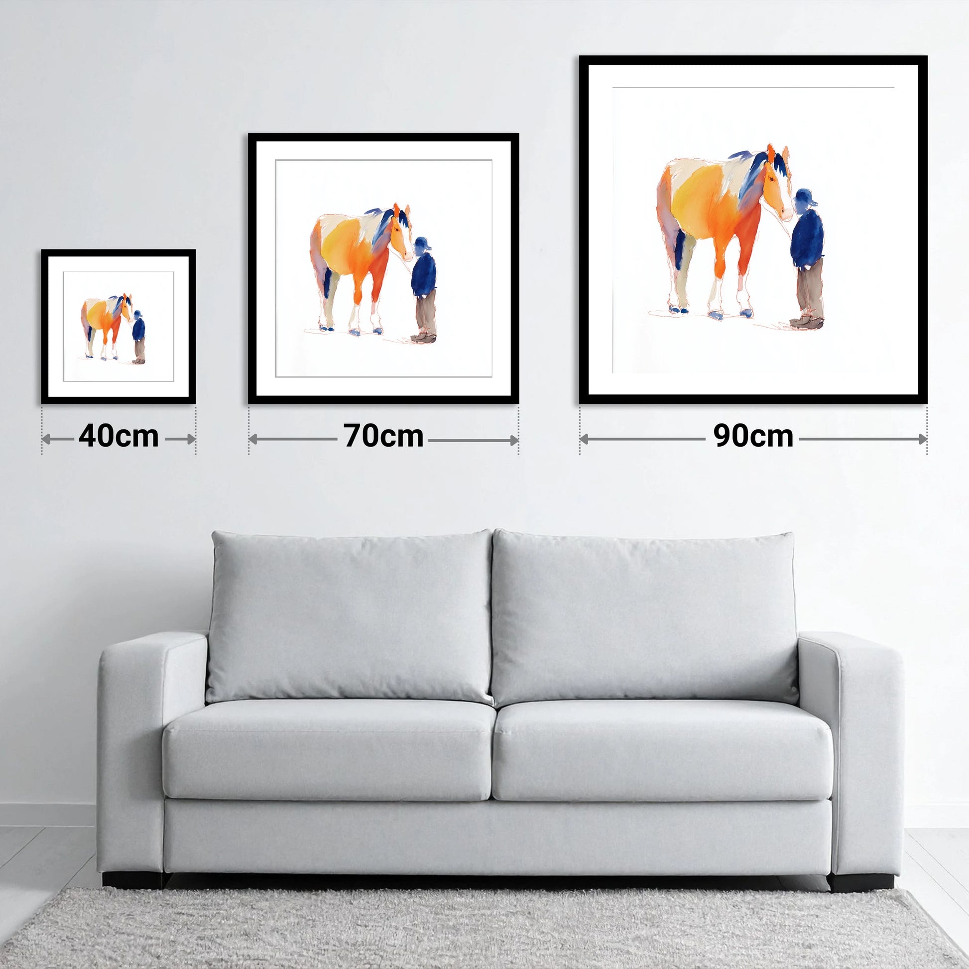 A Quiet Connection - size guide showing 40cm, 70cm and 90cm art prints