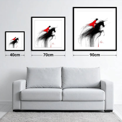 Crimson Flight - size guide showing 40cm, 70cm and 90cm art prints