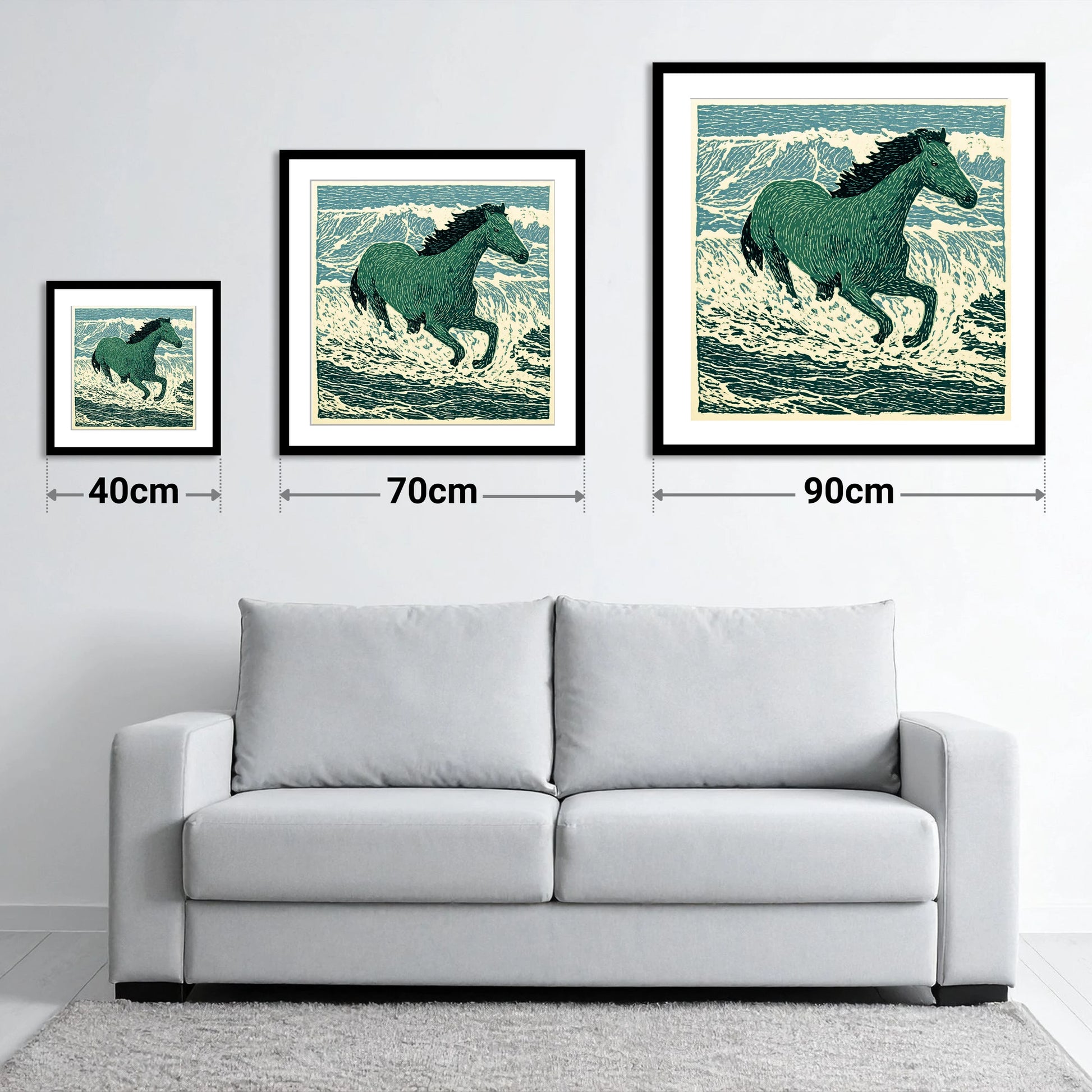 Emerald Surf Canter - size guide showing 40cm, 70cm and 90cm art prints